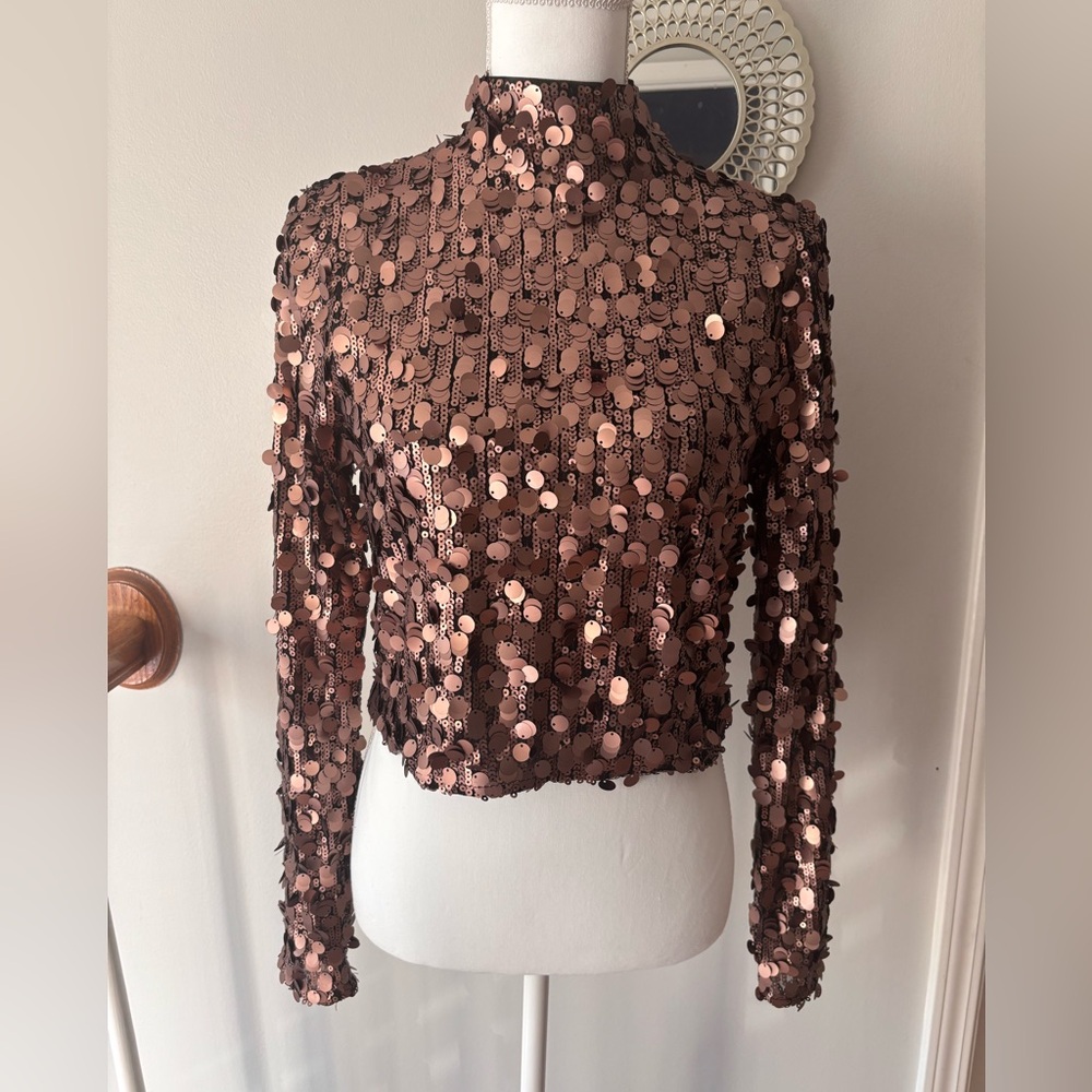 DKNY Brown Sequin Fitted Blouse